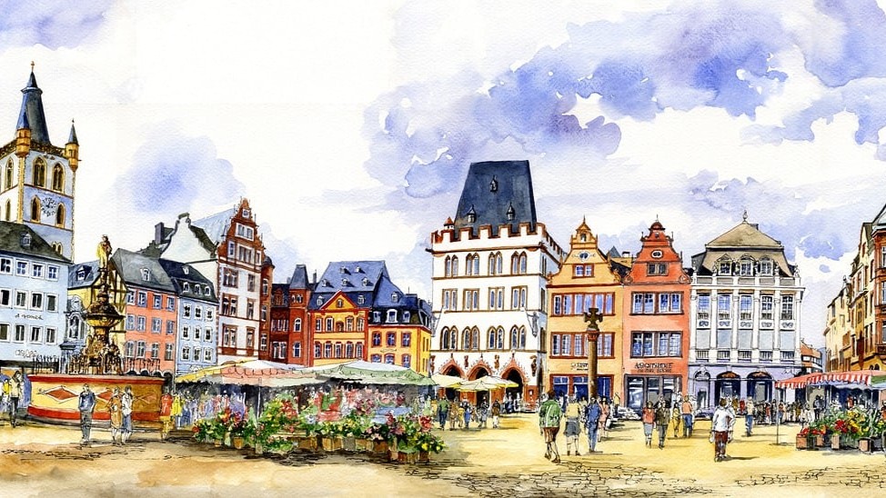 Kleurrijke huizen en terrasjes op de Hauptmarkt in Trier met levendige sfeer en historische architectuur