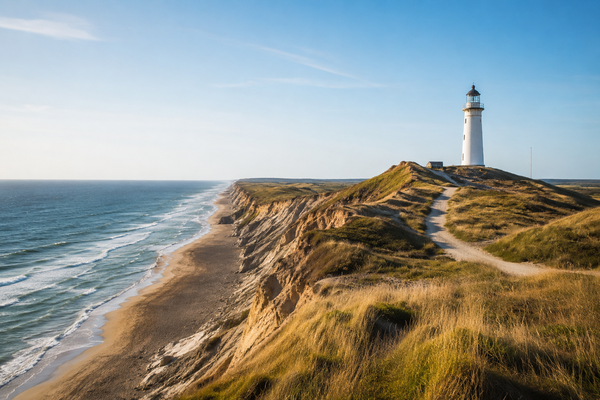 Vuurtoren op een klif aan de kust van Jutland met uitgestrekte zandstranden, duinen en uitzicht over de Noordzee