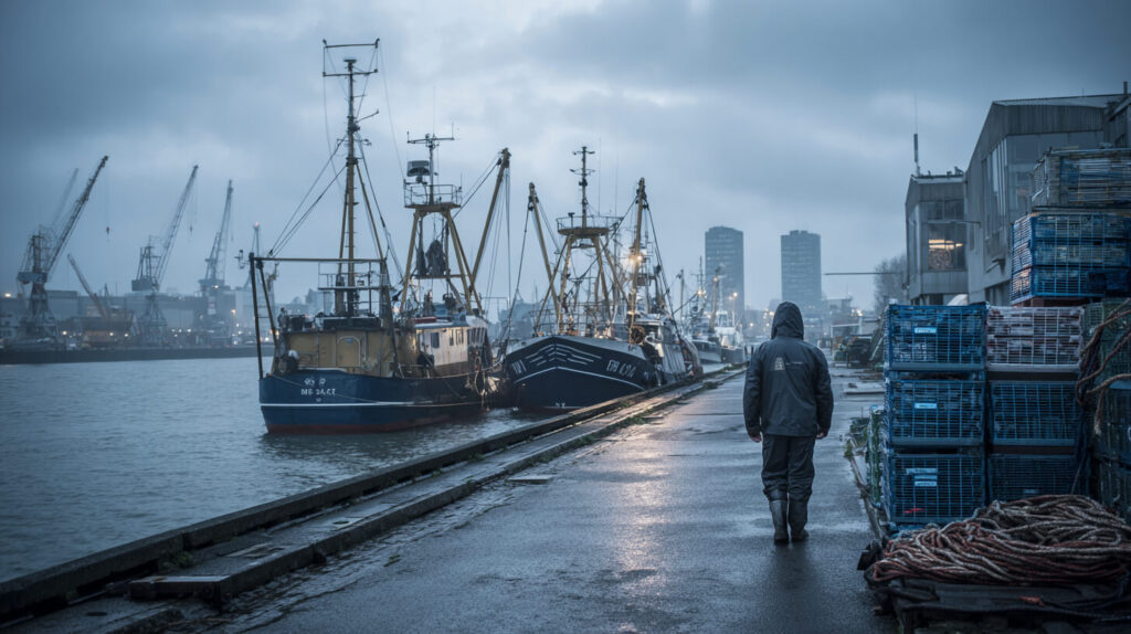 Visser in regenkleding loopt over een kade langs afgemeerde kotters bij een havengebied met kranen en hijsinstallaties op de achtergrond