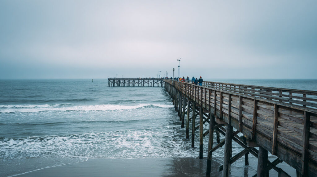 Bezoekers lopen over een lange houten pier die ver de zee in steekt onder een bewolkte hemel