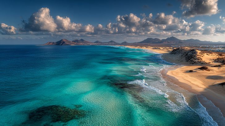 De duinen van Corralejo en de turquoise kust van Fuerteventura met vulkanische bergen op de achtergrond.