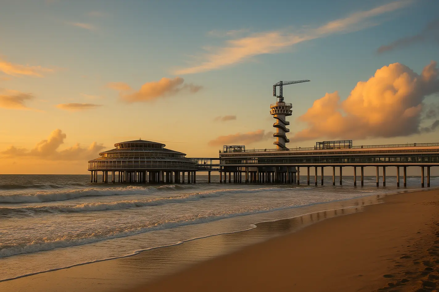 Scheveningse Pier met strand en zee onder dramatische hemel