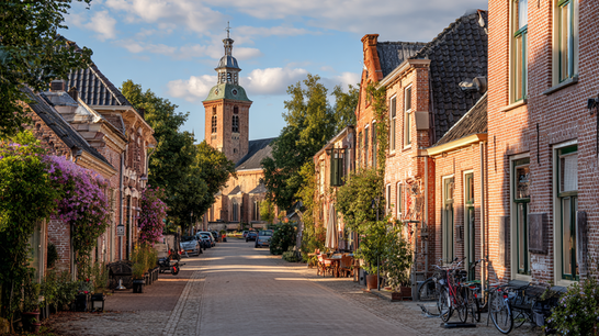 Historisch centrum van Loon op Zand met karakteristieke huizen, fietsen en een kerktoren.